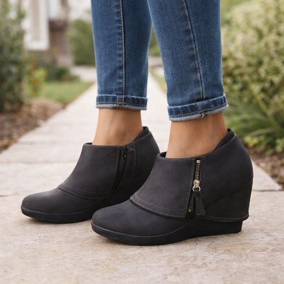Dr. Scholl's Shoes - Dr. Scholl’s Charcoal Wedge Ankle Booties with Side Zipper Comfort Shoes